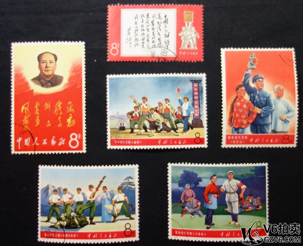 Lot95-177: 文11 風(fēng)雷，海港，紅燈記，白虎團，沙家浜各一枚 蓋戳 后膠微黃 中上品
